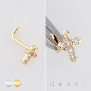 MULTI CZ CROSS CRUCIFIX  316L SURGICAL STEEL L-SHAPE NOSE RING
